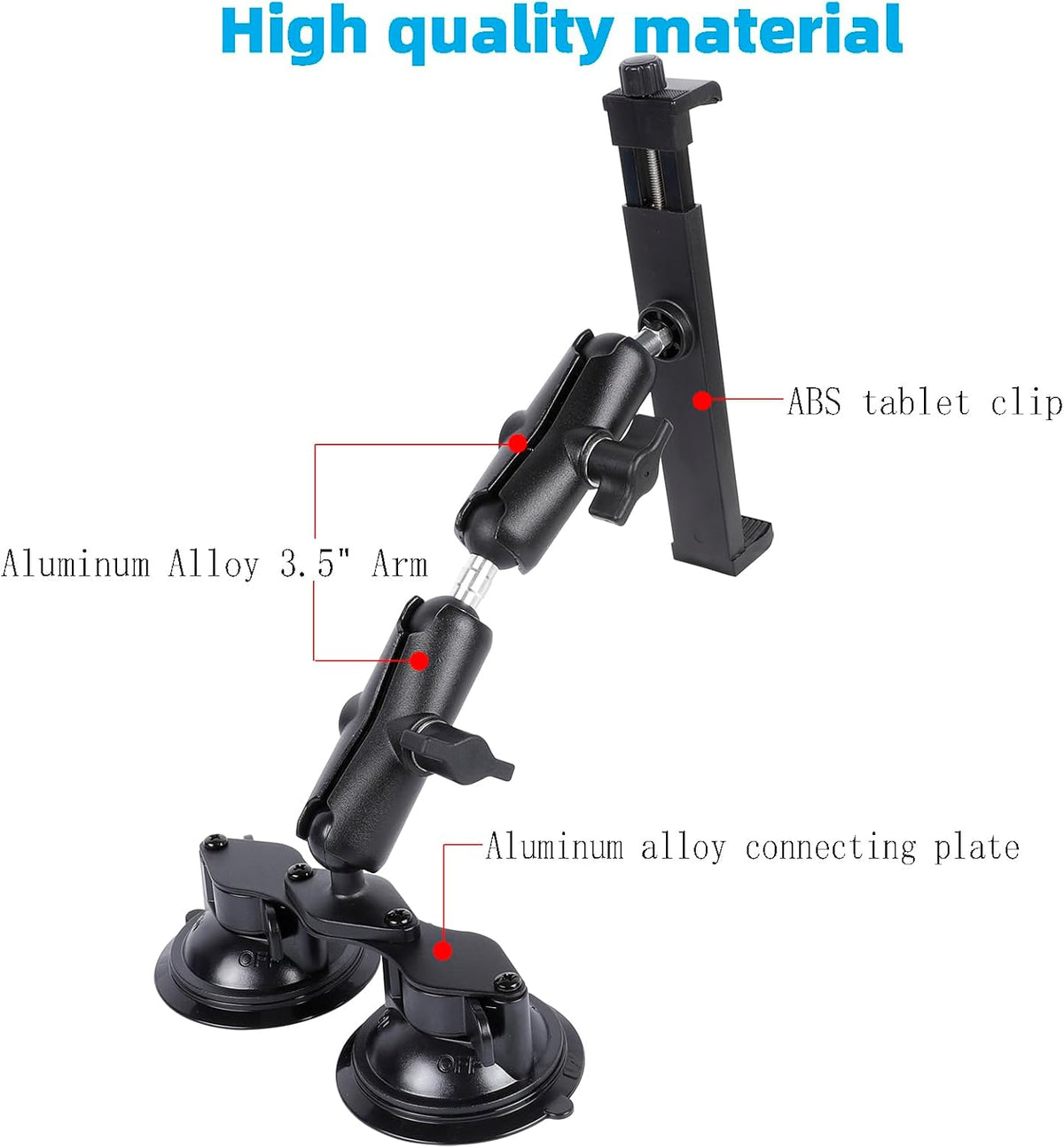 Dual Suction Cup Tablet Mount for Truck/Car, 13.4 Inch Aluminum Arm, 360° Adjustable 2-Stage Tablet Stand Holder, Compatible with iPad Pro/Air/Mini, Galaxy Tab and All 6.5-12.9" Tablets