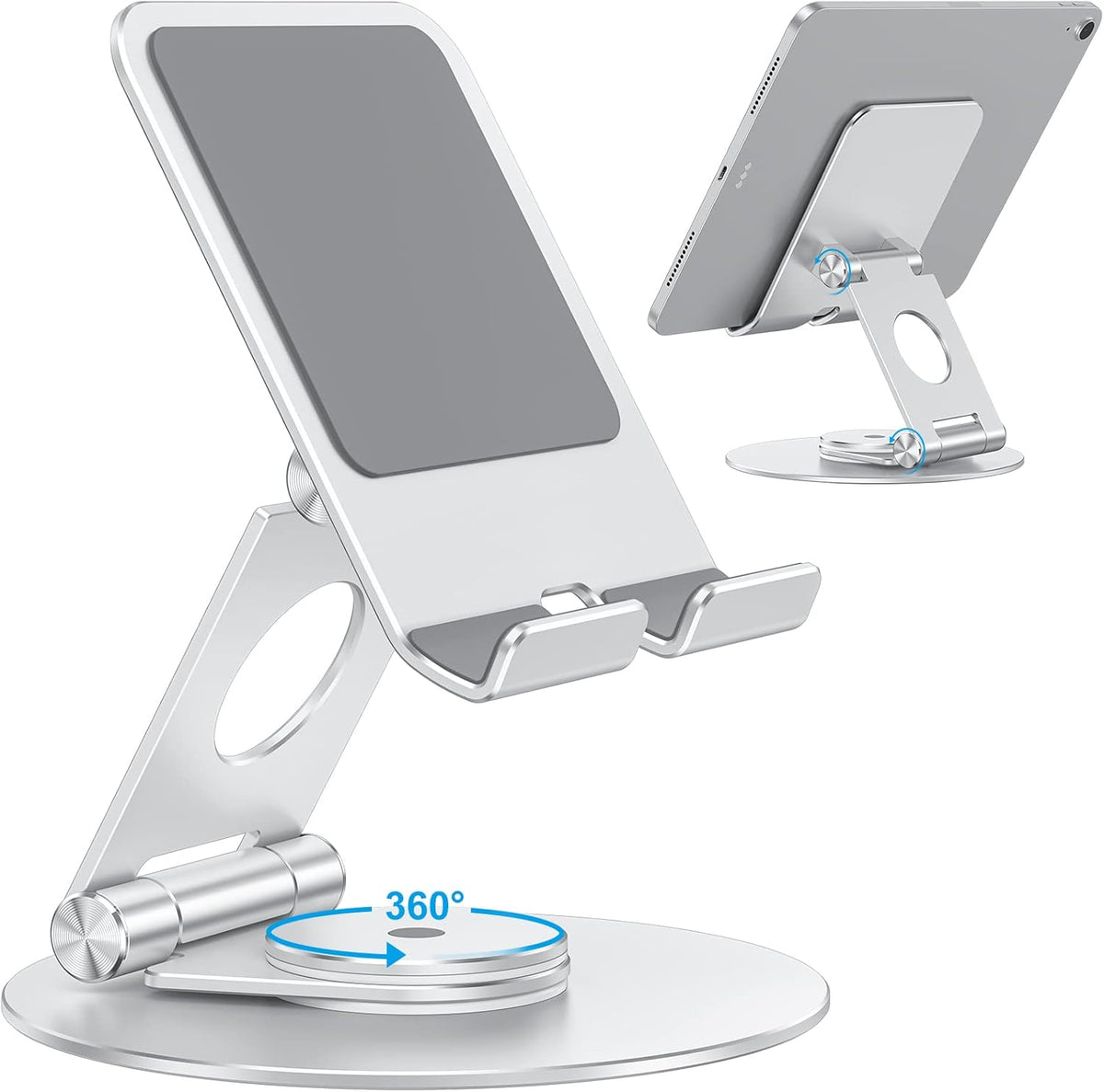 OMOTON Swivel Tablet Stand for iPad with 360 Rotating Base, Foldable Adjustable Holder for Drawing, Compatible with iPad Pro/Air/Mini and More, Silver