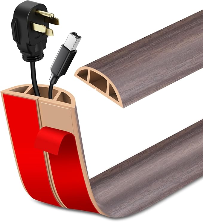 Floor Cord Cover Self Adhesive Cord Hider Floor Extension Cord Covers for Floor Power Cord Protector Cable Management Prevent Cable Trips Cable Cavity 0.59" W x 0.31" H (Brown Walnut Wood, 3.3Ft)