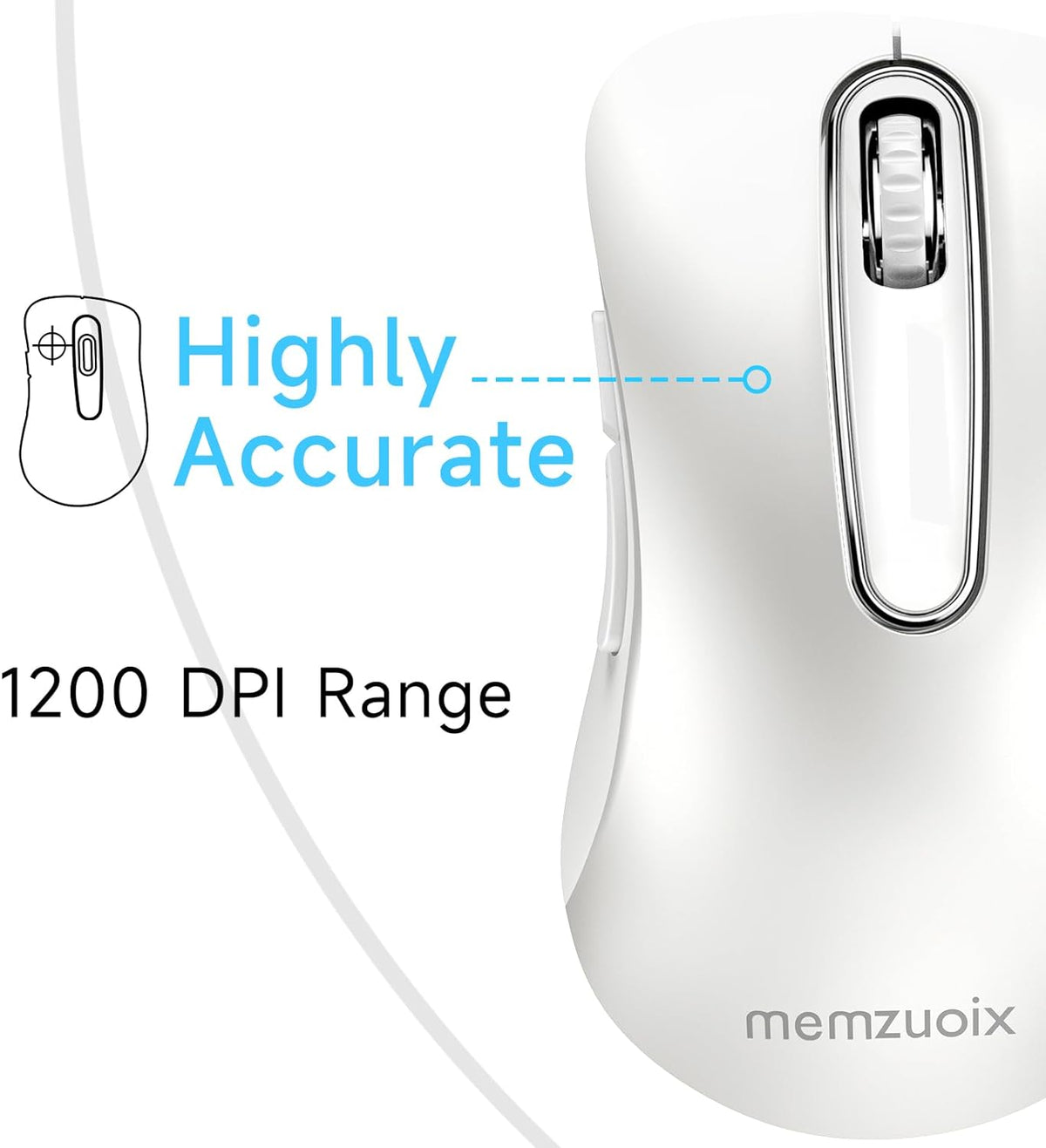 memzuoix 2.4G Wireless Mouse, 1400 DPI Computer Mice with USB Receiver, Portable Wireless USB Mouse Battery Powered Cordless Mice for Laptop, PC, Desktop, 5 Buttons (White)