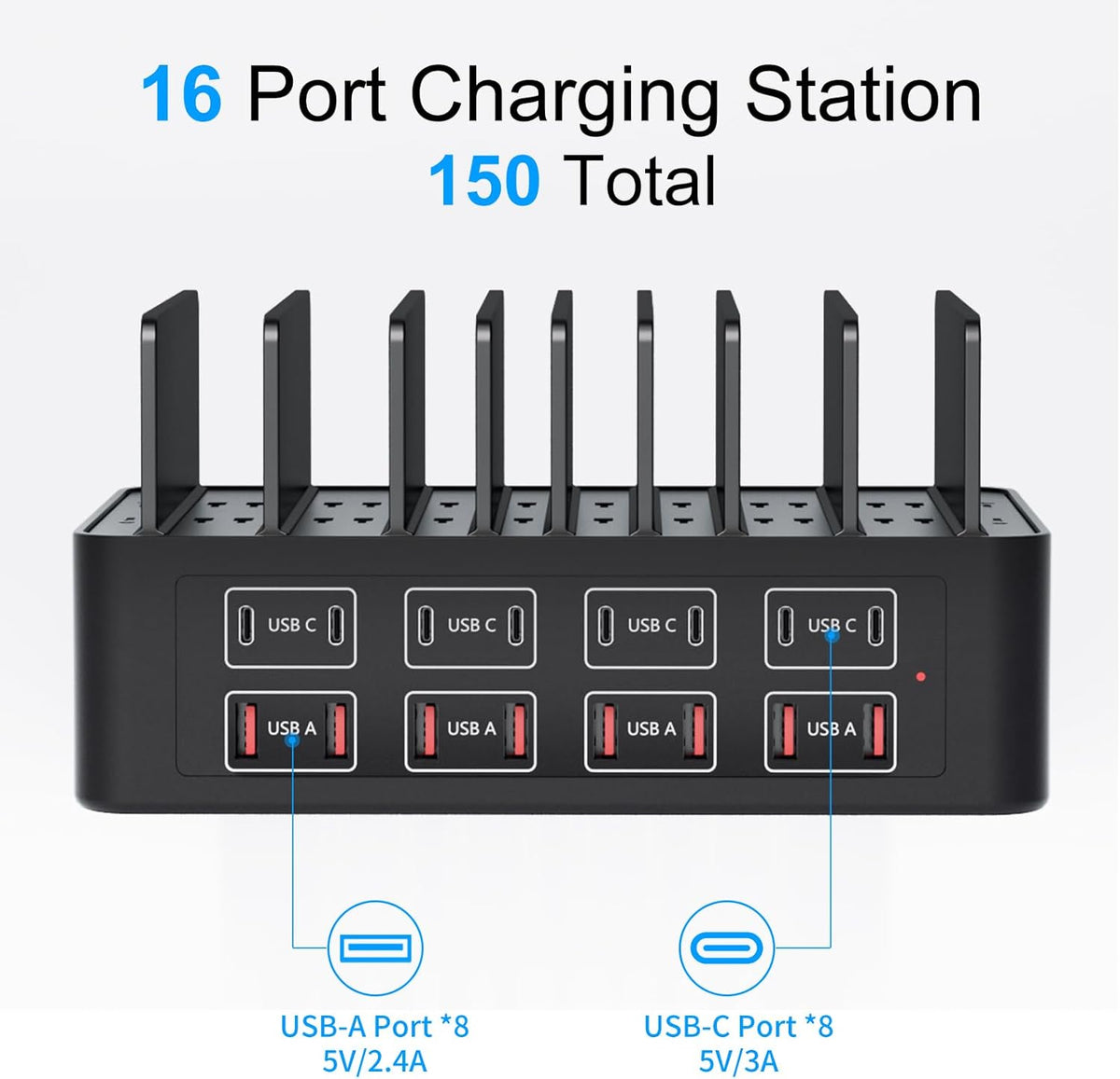 150W/35A Charging Station for Multiple Devices, 16 Port USB C Fast Charging Station with Adjustable Dividers - Organizer Charging Dock for Smartphone, iPad, Kindle, Tablet & More