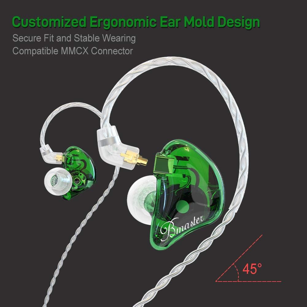 BASN in-Ear Monitors, Bmaster Triple Driver HiFi Stereo Noise-Isolating in-Ear Headphones with Two Detachable MMCX Cables for Stage/Audio Recording (Green)