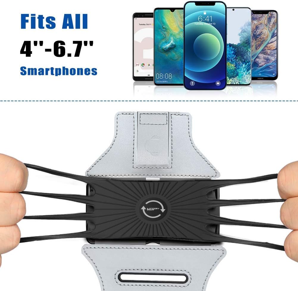 VUP Running Armband 360°Rotatable for iPhone 14/13/Pro Max/Pro/Mini/12/11/SE/Xs/XR/X/8/7/Plus, Fits All 4-6.7 Inch Smartphones, with Key Holder Phone Armband for Running Hiking Biking (Sliver)