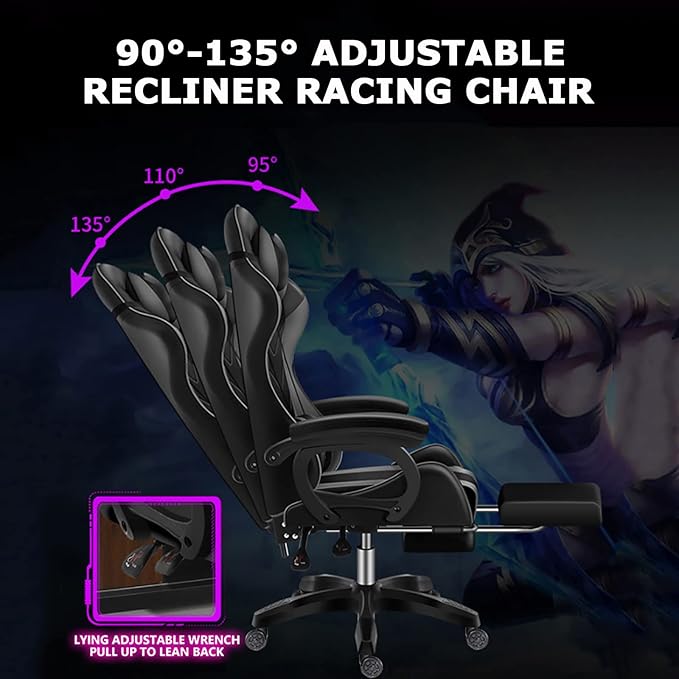 RGB Gaming Chair with Speakers Ergonomic Massage Computer Chair with Footrest Lumbar Support Headrest PU Leather 360°Swivel Recliner Chair High Back Video Game Chair for Adult TeensWhite