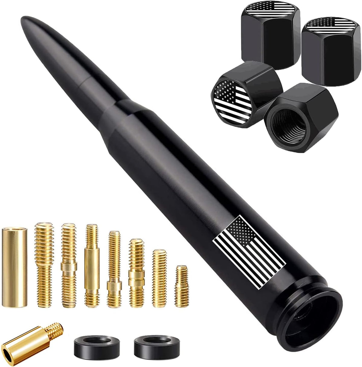 HVSTTPK 1500 2500 3500 F150 F250 F350 American Flag Car Truck Antenna with Valve Stem Caps, Universal Mast for GM Chevy