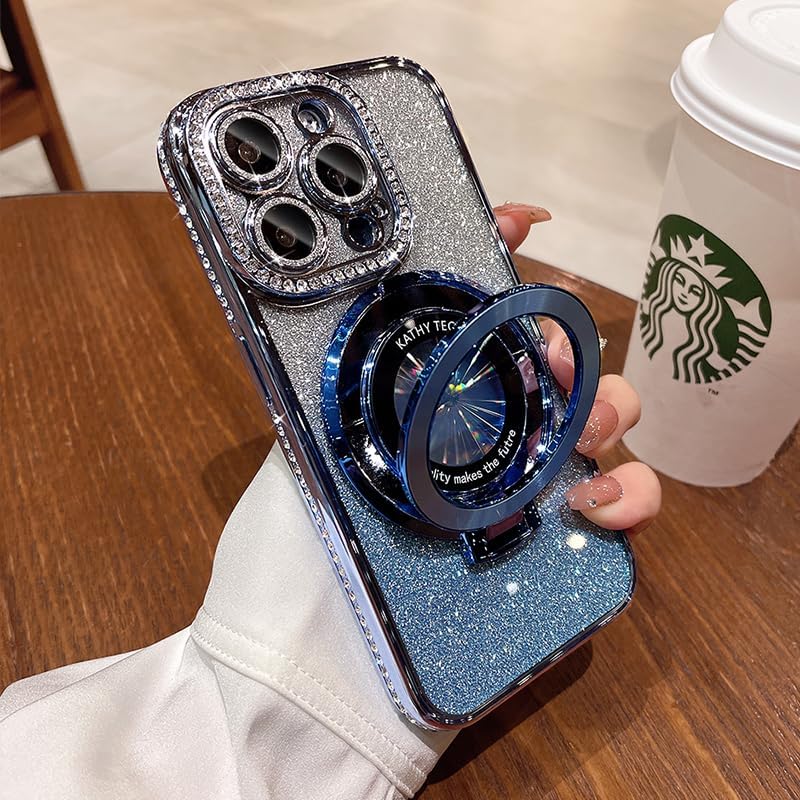 Magnetic Kickstand (Glitter Lens Protector ) Case for IPhone 15 14 13 12 Pro Max (Compatible with Magsafe ) Sparkling Diamond Cover Glitter Shiny Rhinestone Cases (Blue,for iphone 14 Plus)