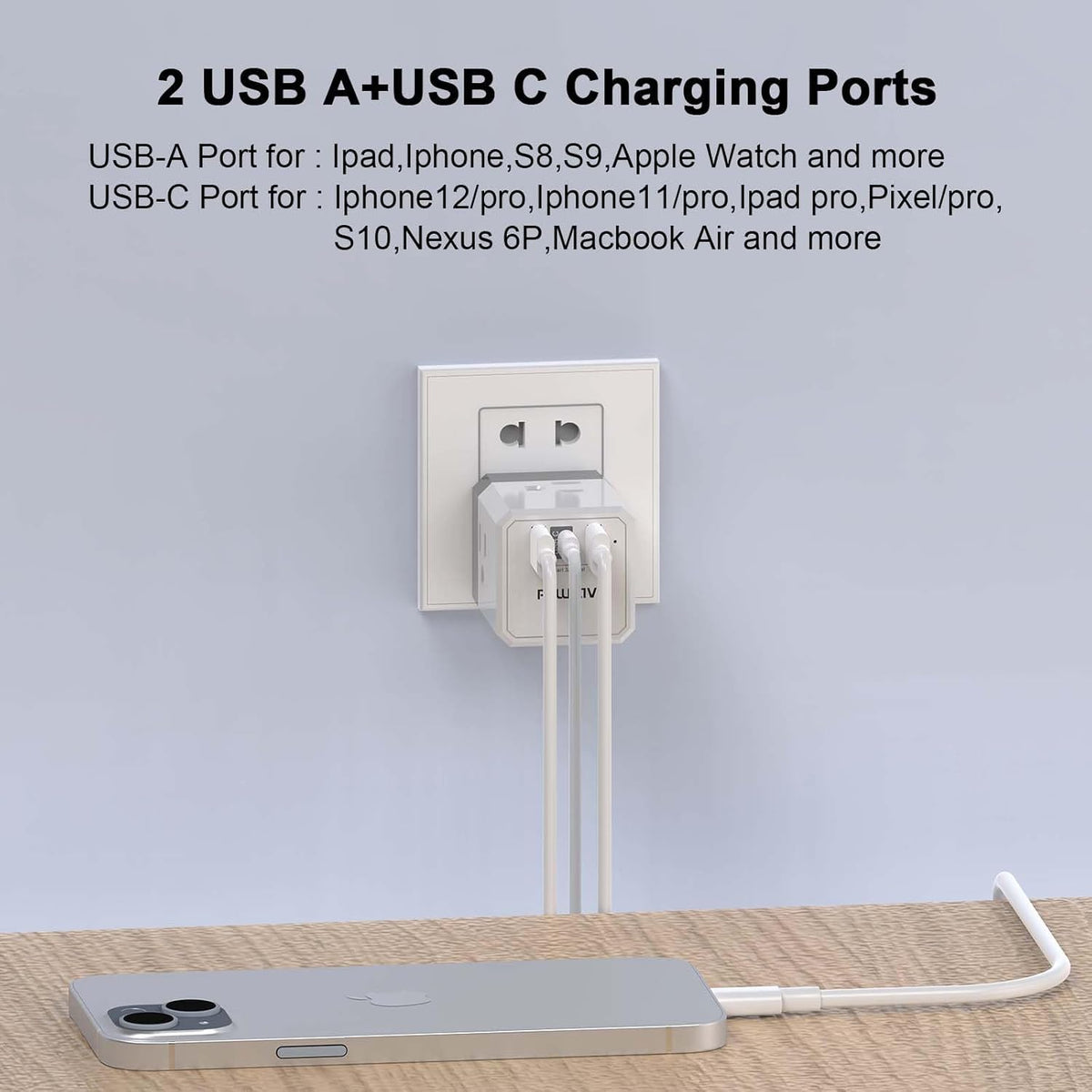 Cruise Ship Essentials, 3-Side Outlet Splitter with 3 USB Ports(1 USB C) USB Wall Charger, Outlet Extender for Home, Office and Cruise, ETL Listed, White