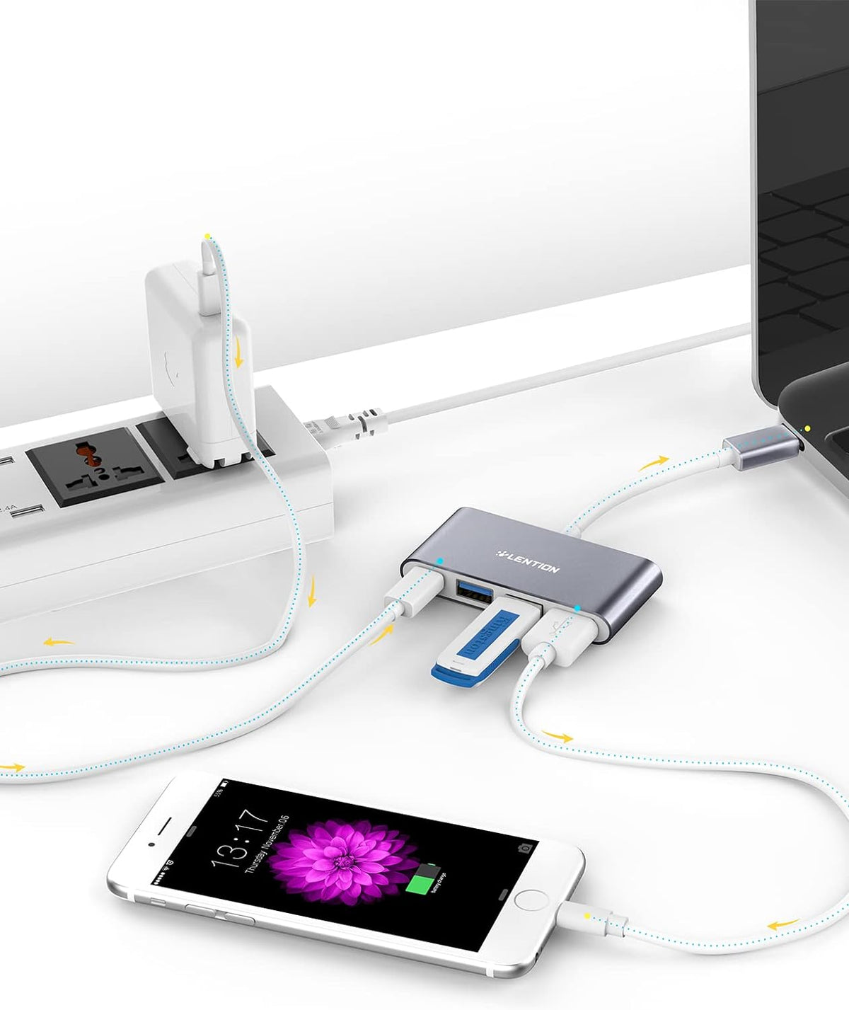 LENTION 4-in-1 USB-C Hub with Type C, USB 3.0, USB 2.0 for 2024-2016 MacBook Pro (M1-M4), iPhone 16-15 New Mac Air/Surface, ChromeBook, More, Multiport Charging & Connecting Adapter (C13, Space Gray)