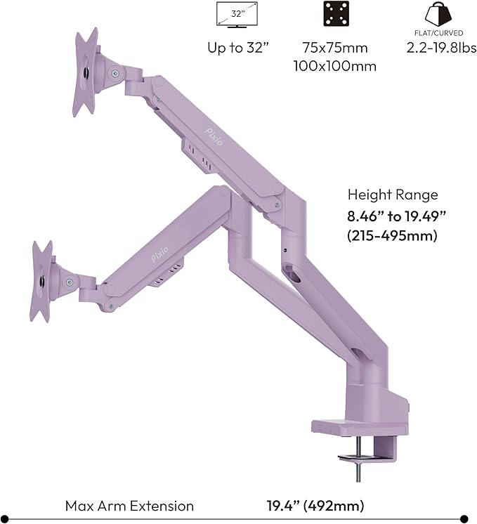 Pixio Two PXC248WAVE Purple 24 inch 200Hz Refresh Rate FHD 1080p Resolution 1500R Curve Fast VA Panel 1ms GTG Response Time HDR Curved Gaming Monitor and PS1D Wave Purple Dual Monitor Arm
