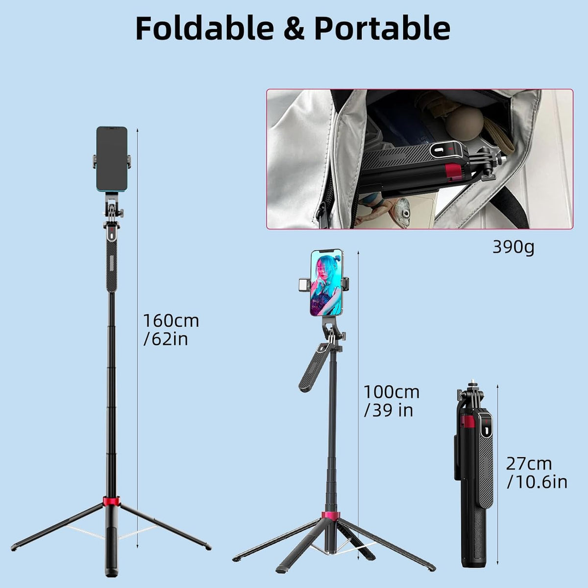 WOVTE 62" Selfie Stick with 2 Lights, Extendable Stand for iPhone, Selfie Stick with Remote, Portable Phone Tripod for Cell Phone Compatible with iPhone/Android, Camera & GoPro