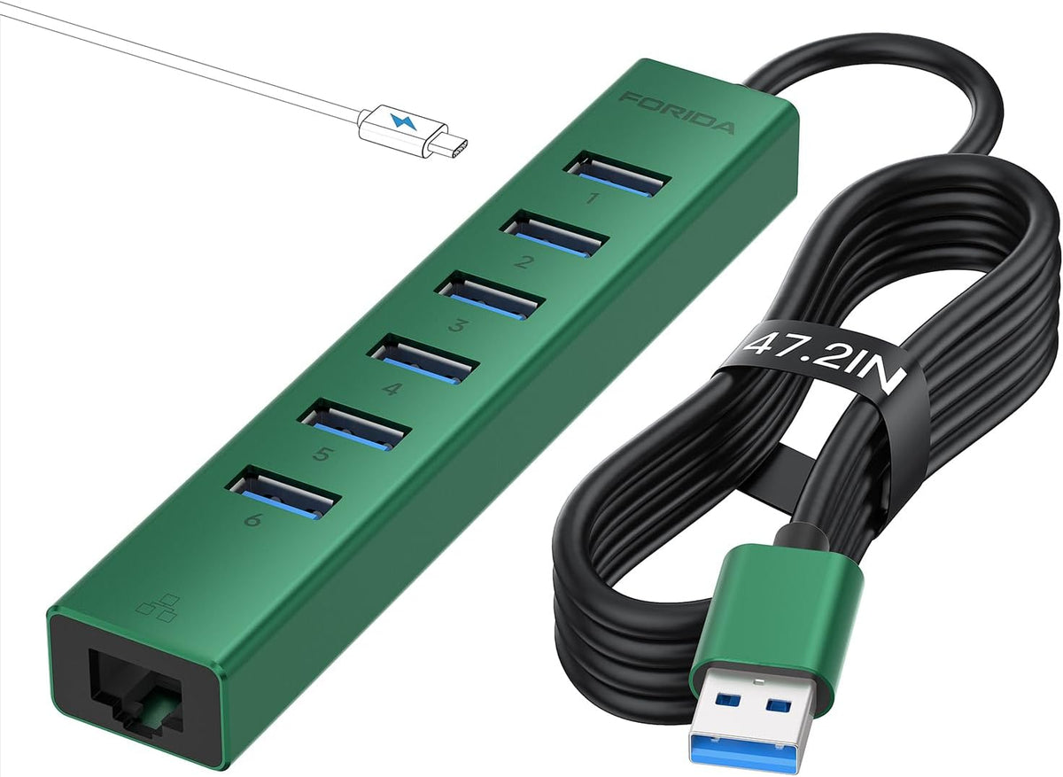 7 Ports USB 3.0 Hub, USB to Network HUB with 3.9ft Long Cable for Laptop, USB Splitter with Gigabit Ethernet Port and 5V/3A Power Port, MultiPort Aluminum Hub for iMac, PC, Flash Drives (Green)