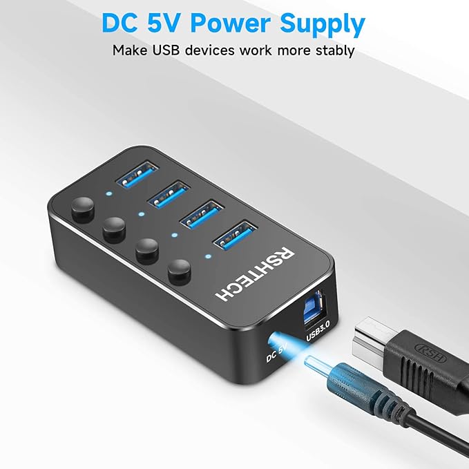 RSHTECH 4 Port Powered USB 3.0/USB C Hub Upgraded Version with 2-in-1 3.3ft USB Cable5V Power Adapter and Individual Switches Portable Aluminum USB Splitter for Laptop and PC RSH-ST04