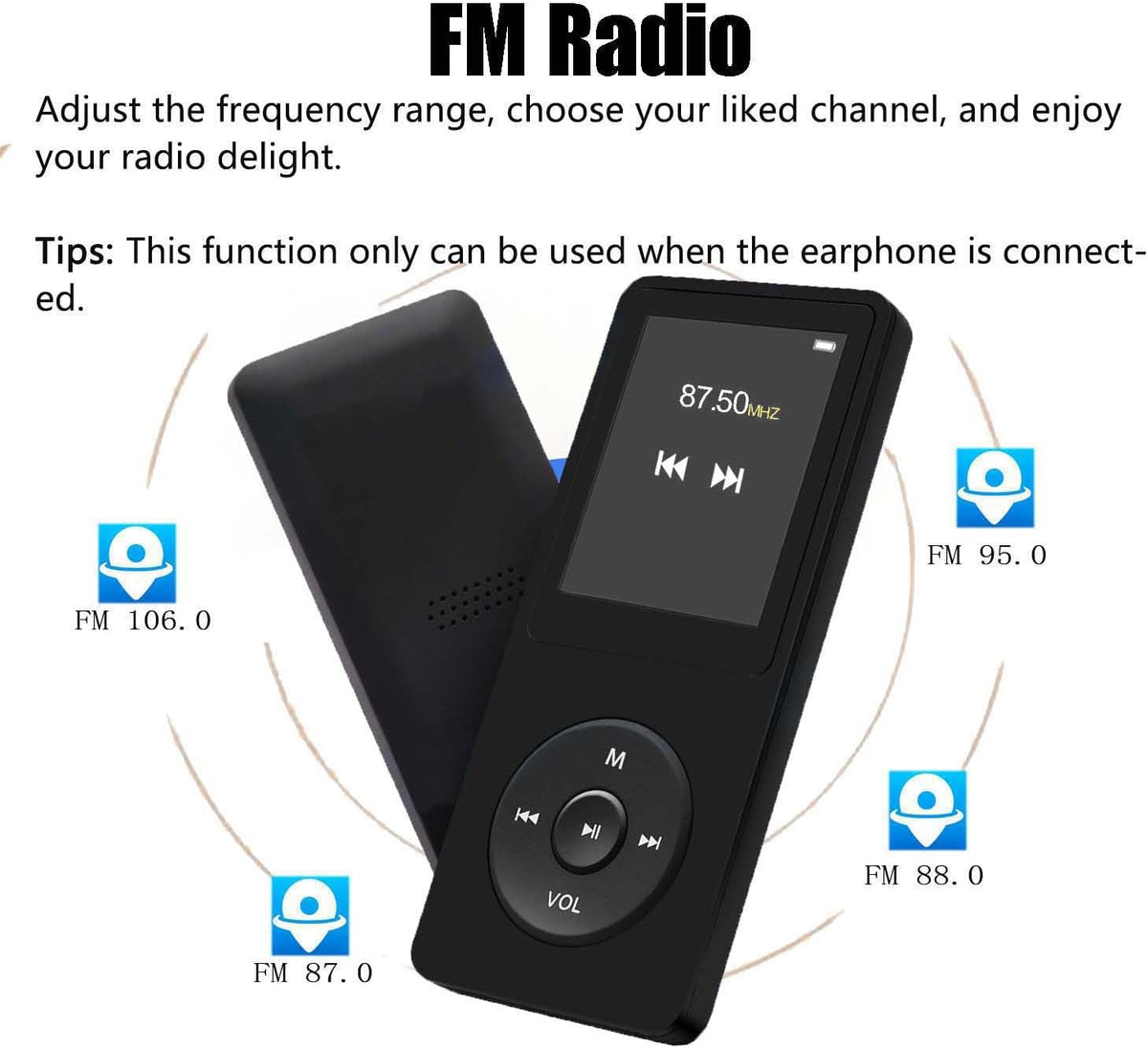 imkavery 128GB MP3 5.2, Player with Bluetooth Portable Black Music Player for Kids with Built-in HD Speaker, FM Radio