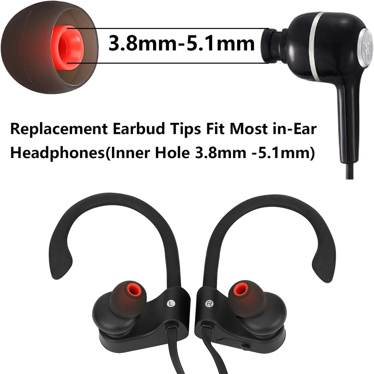 Silicone Replacement Earbud Tips Earbud Covers Ear Tips Fit for in-Ear Headphones (Inner Hole 3.8mm -5.1mm) Earbud Replacement Tips 9 Pairs