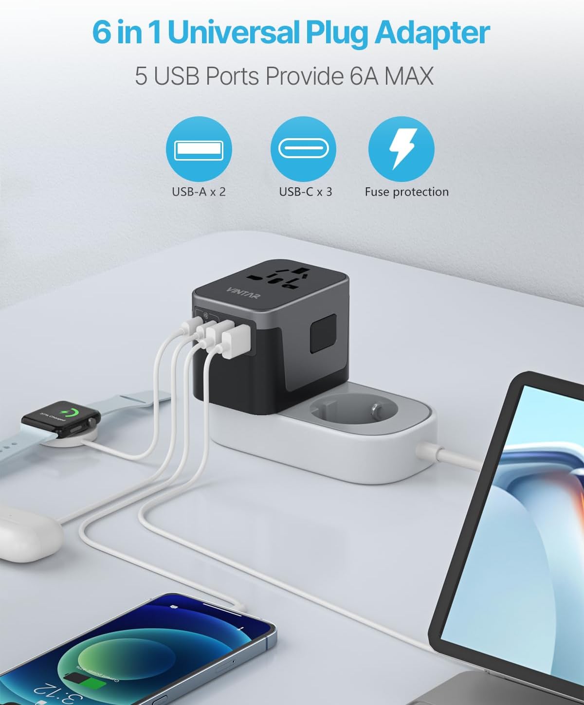 Universal Travel Adapter, VINTAR International Power Adapter with 6A 3 USB C and 2 USB Ports, All in One Travel Essentials Plug Adapter, Worldwide Outlet Converter for Europe UK USA AUS(Type C/G/A/I)