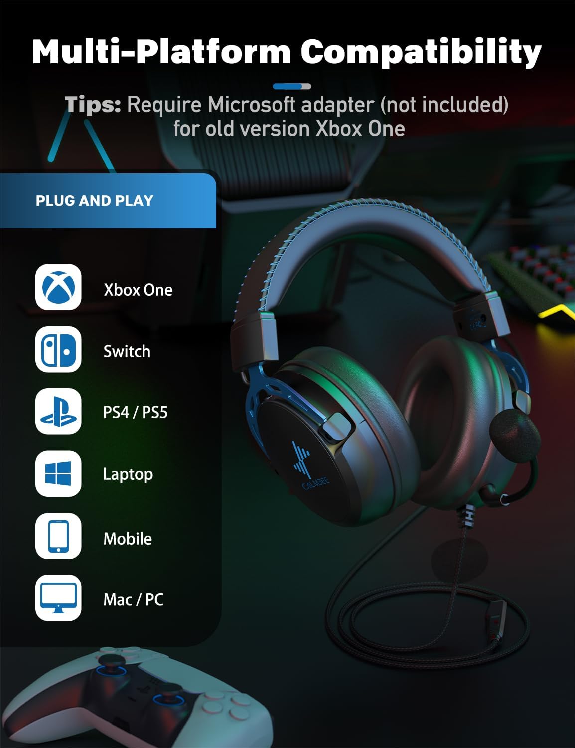 DEEBOX Gaming Headset for PC, PS5, PS4, Xbox, Gaming Headphone with Detachable Noise Canceling Mic, Wired Gaming Headsets 3.5mm for PC, Laptop, Mac & Nintendo NES Games