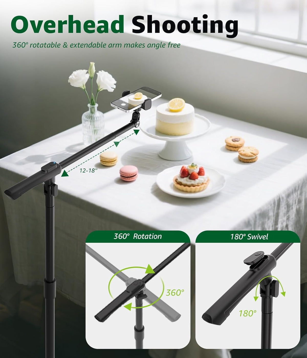 Phone Floor Stand, Overhead Phone Mount with Extendable Horizontal Arm & Remote, 360° Rotatable Extension Arm, Adjustable Tripod Stand for iPhone Video Recording, Photography, Live Streaming