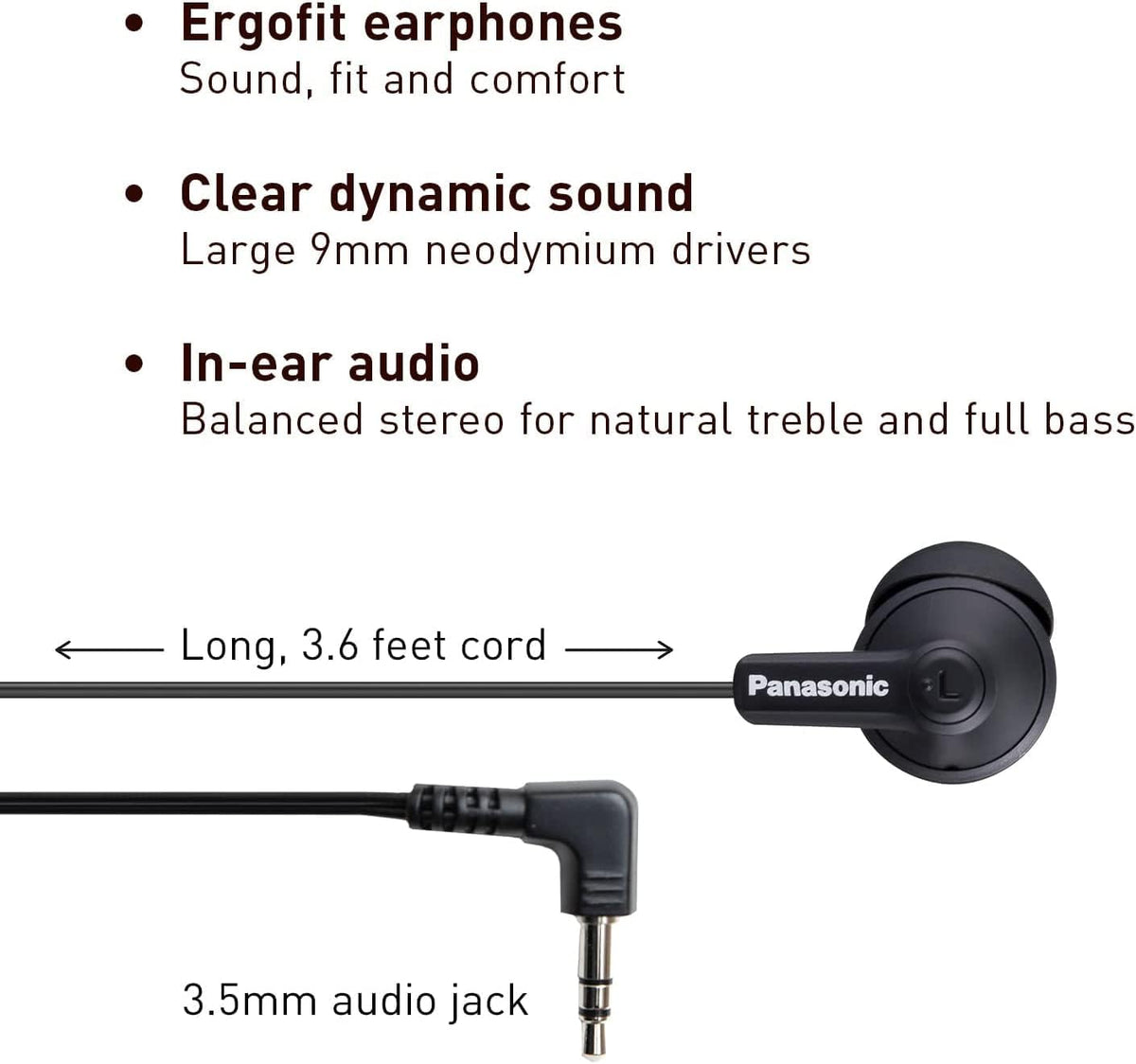Panasonic ErgoFit Wired Earbuds, 3.5mm Jack In-Ear Headphones with Dynamic Crystal-Clear Sound and Soft Ergonomic Custom-Fit Earpieces (S/M/L), for Phones and Laptops - RP-HJE120-KA (Matte Black)