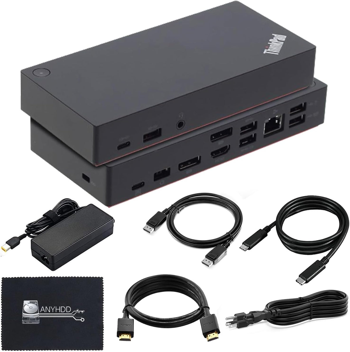 Lenovo 40AS0090USThinkpad Docking Station - Supports 4K Display, 1 Year Warranty, USB C Gen 2 Dock with 90W Adapter + 4K HDMI Cable + USB-C Cable + 4K DisplayPort Cable + Microfiber Cloth (Renewed)