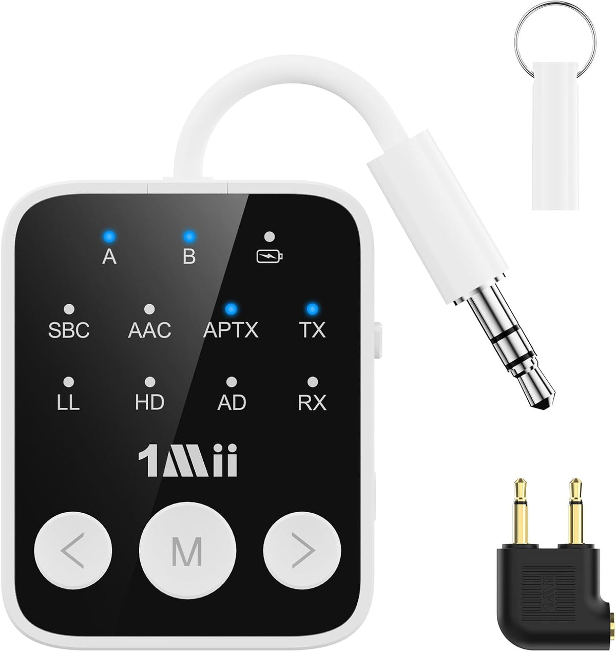 1Mii Bluetooth 5.3 Transmitter Receiver 2-in-1, aptX Adaptive & Low Latency Wireless Audio Adapter for Airplane, Dual Link 2 Devices, 25H Playtime, 3.5mm AUX for TV/Car/Home Stereo/Gym -White