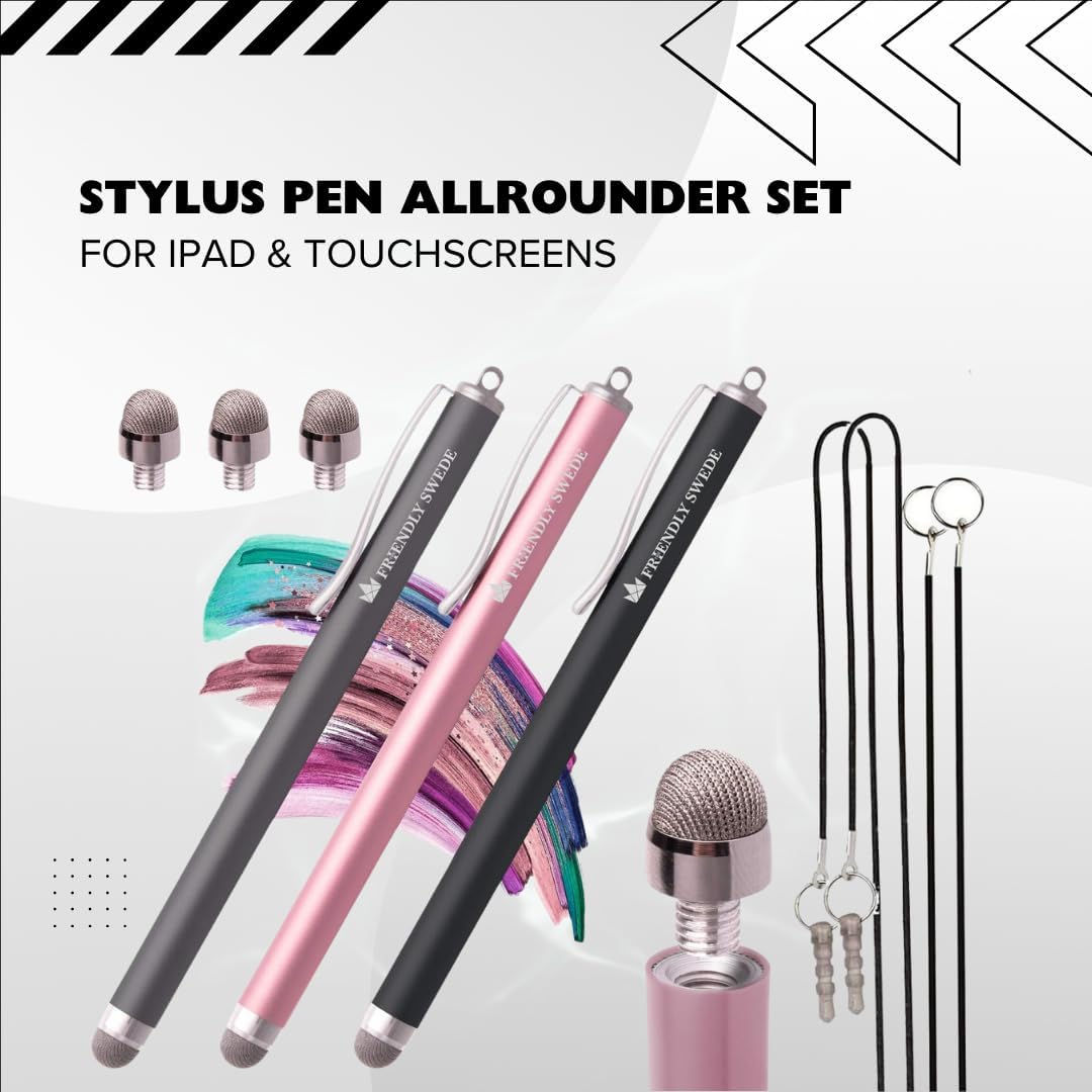 The Friendly Swede Mesh Tip Stylus Pen for Touchscreen — 3-Pack Micro-Knit Capacitive Stylus Pen for iPad & iPhone with 3 Replaceable Fiber Tips, Elastic Lanyards & Screen Cleaning Cloth