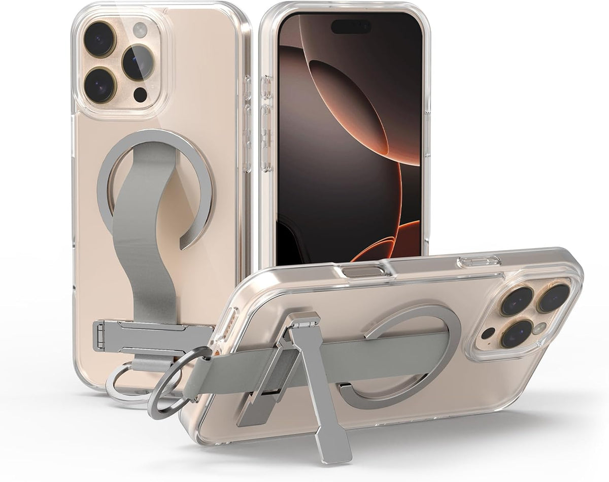 for iPhone 16 Case 4-in-1 - Magnetic Clear, Adjustable Wrist Strap, Foldable Stand & Crossbody Lanyard, Anti-Yellowing Protective Case (for iPhone 16)