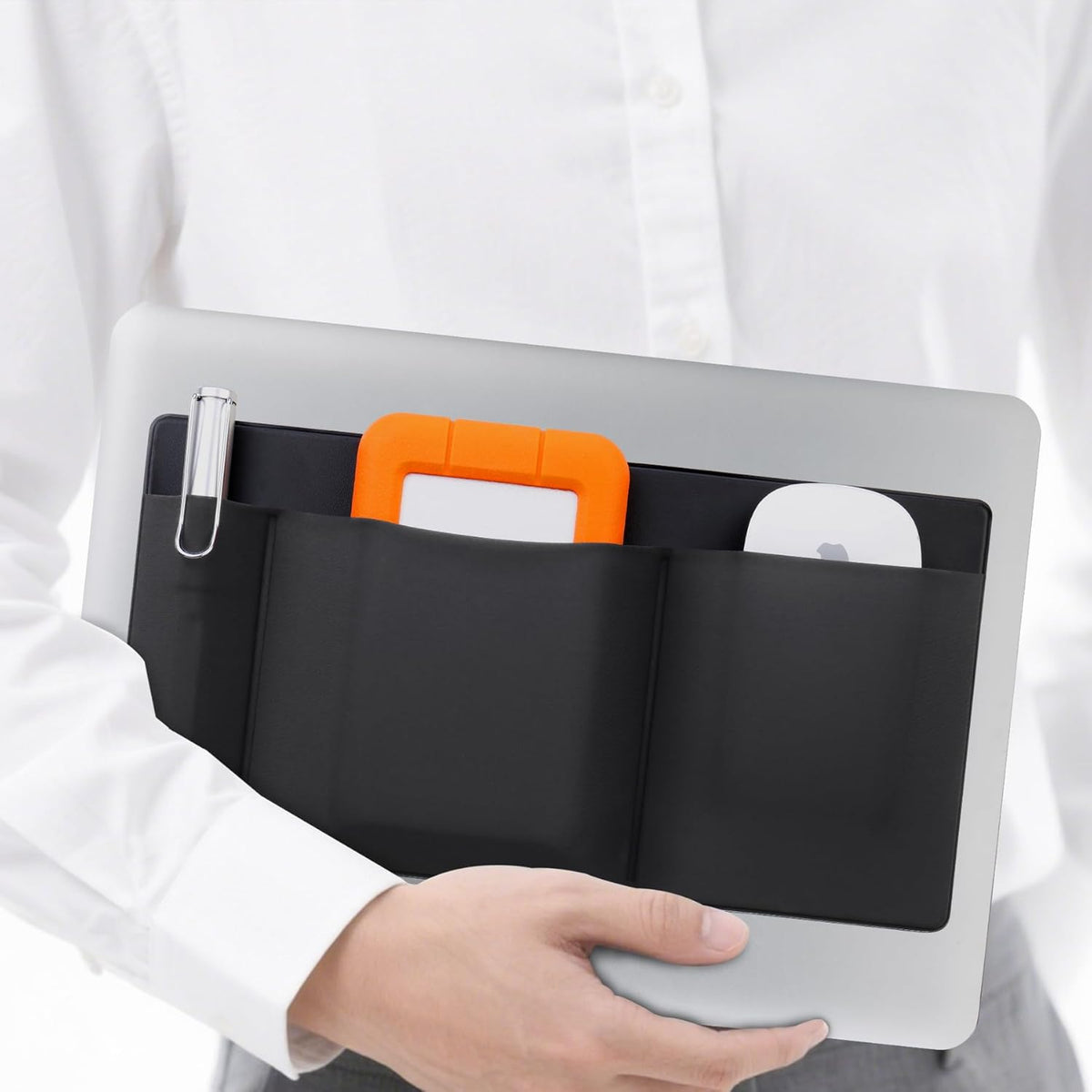 3-Pocket Lacdo Mouse Holder for Laptop Stick on, External Hard Drive SSD Holder for Laptop, Stick on Pouch Organizer