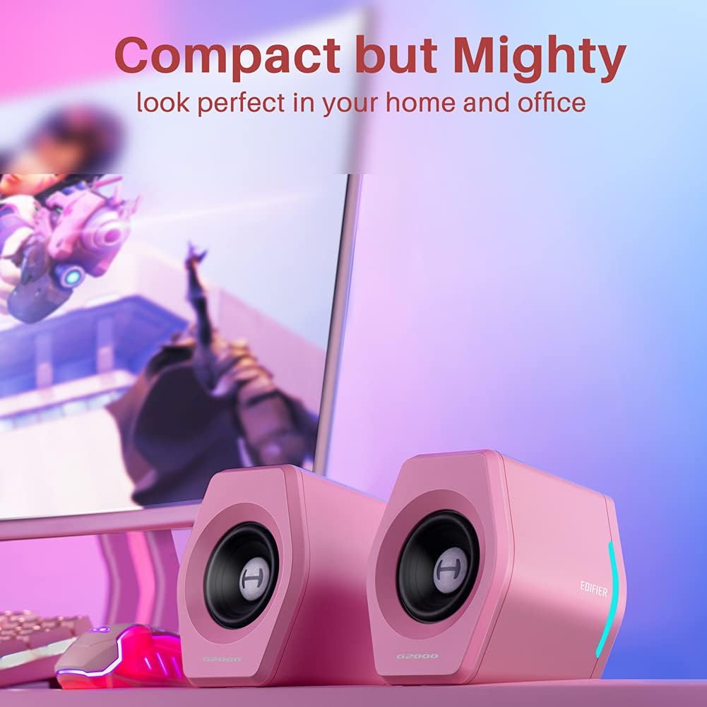 Edifier G2000 32W PC Computer Speakers for Gaming Desktop PC Laptop Mac Computer Woofer Speakers Bluetooth USB 3.5mm AUX Inputs RGB Lights Multimedia Speakers Pink