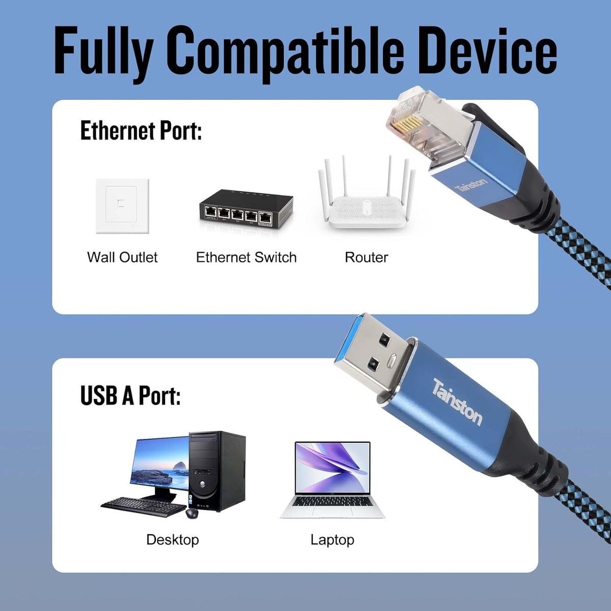 6Ft USB3.0 RJ45 Cable,USB3.0 USB to Ethernet Cable, A to A to Gigabit Ethernet Cable Compatible Laptop, PC, Switch