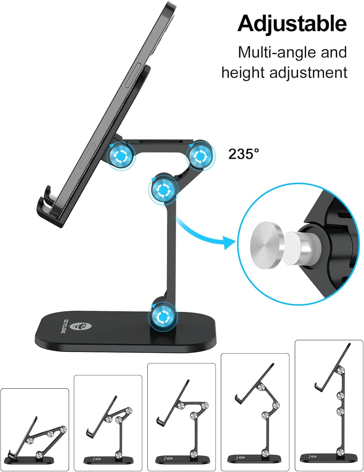 OCYCLONE Cell Phone Stand + 2 PCS Cable Organizer, Angle Height Adjustable iPhone Stand for Desk, Foldable Cell Phone Holder Tablet Stand Compatible with 4.7"-13" Phone Tablet