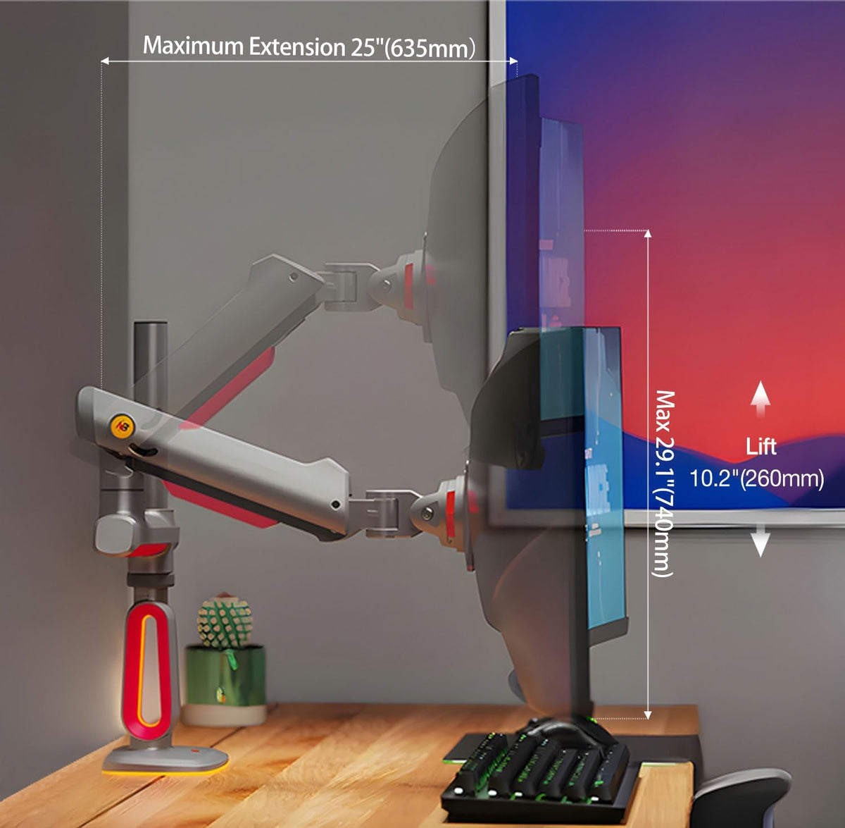 RGB Gaming Monitor-Arm for Flat/Ultrawide/Curved Monitors 32 to 60 inch, Heavy Duty Stand Load up to 20 kg, VESA 75/100 mm Monitor-Mount L70