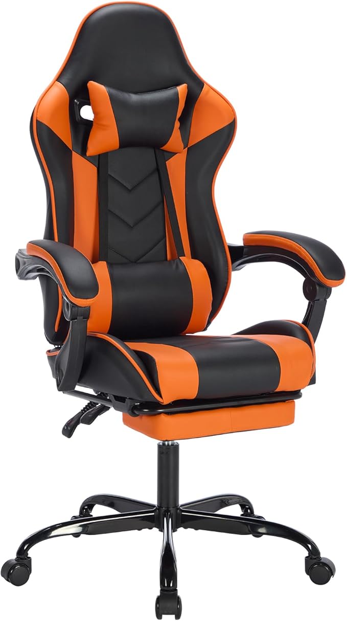 Gaming Chair with Footrest Ergonomic Computer Seating Massage Lumbar Support Height Adjustable PU Leather Reclining Video Game Chairs for Adults Office (Black+Orange)