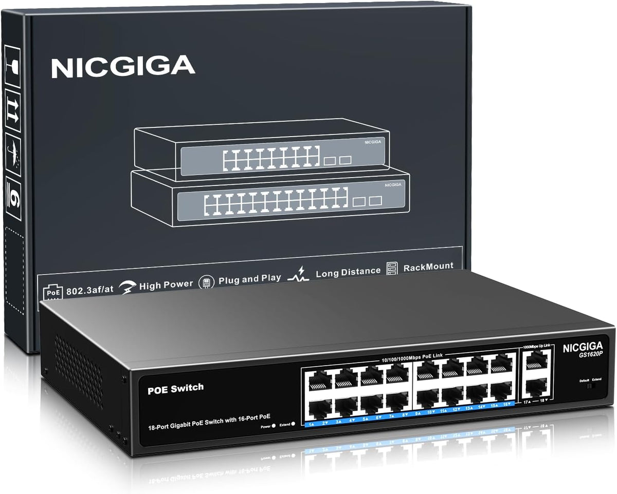 NICGIGA 18 Port PoE+@250W Switch - 16 Ports, 2 Gigabit Uplink, VLAN Mode, RackMount, Plug and Play