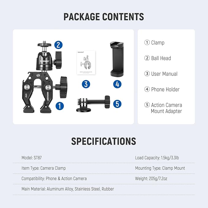NEEWER ST87 Super Clamp Camera Mount with 360° Ball Head, Phone Holder, Cold Shoe, Action Camera Adapter for Bike Handlebar Pole Desk, Compatible with DJI Osmo Pocket 4 3 Xtra Muse GoPro Hero iPhone