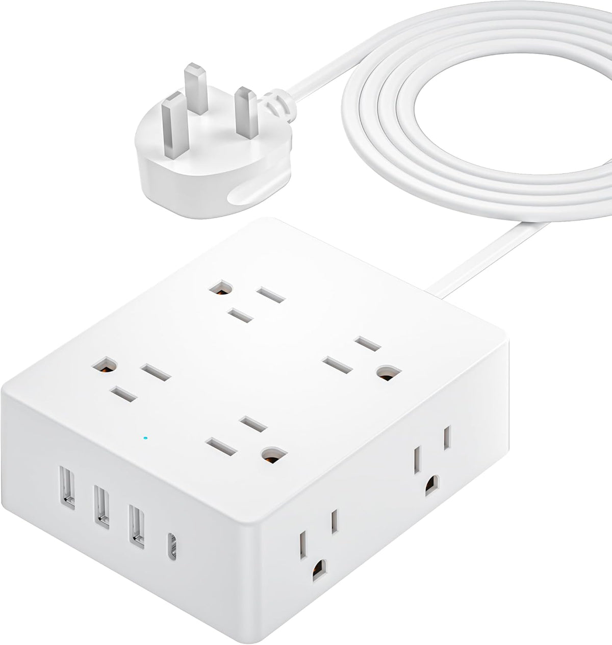 UK Travel Plug Adapter, Olcorife US to UK Ireland Type G Plug Adapter, International Power Strip with 8 Outlets and 4 USB(1 USB-C), 5 FT Cord for UK Ireland Dubai Hongkong
