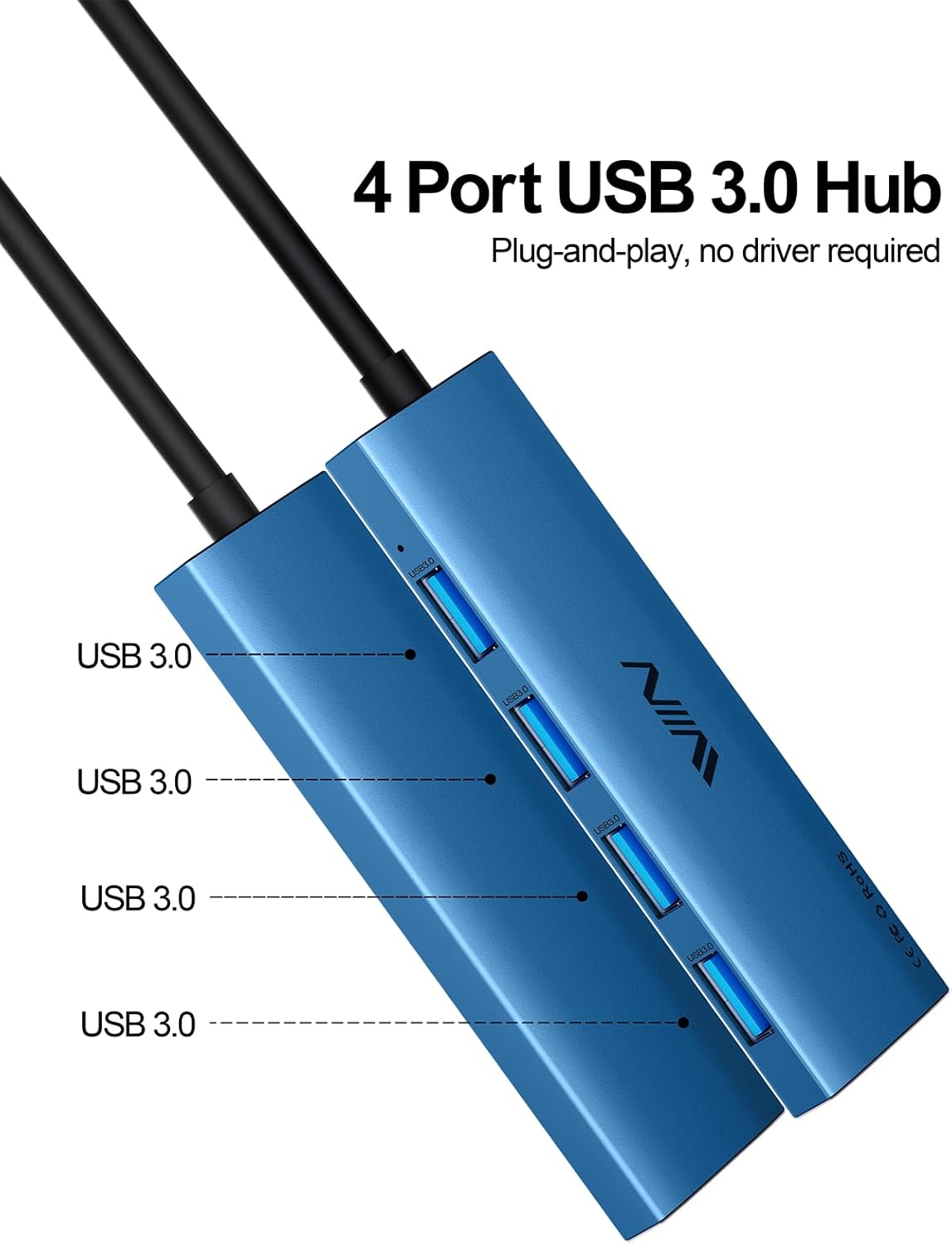 USB 3.0 Hub,4 Port USB Splitter Extender Portable Adapter Multiport Data Hub for Laptop,Xbox, Flash Drive,HDD,Console,Camera,Keyborad,Mouse Windows,Mac OS PC,Not Designed to Charge Devices-Blue