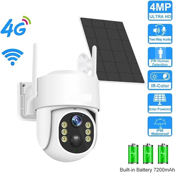 Solar Panel PTZ IP Camera WiFi 4MP 4G Video Surveillance Security Protection Built-in Battery Long Time Standby(4MP WiFi and 64G SD)