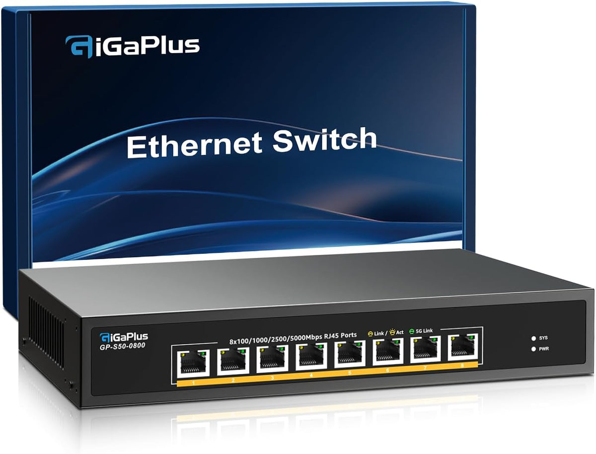 8 Ports 5Gb Unmanaged Ethernet Switch with 8*5G Base-T Ports. GiGaPlus 5Gbps Network Switch for 5Gbe NAS/PC, 5Gbps Adapter/NIC, WiFi7 Router, Desktop/19-inch Rack Mount