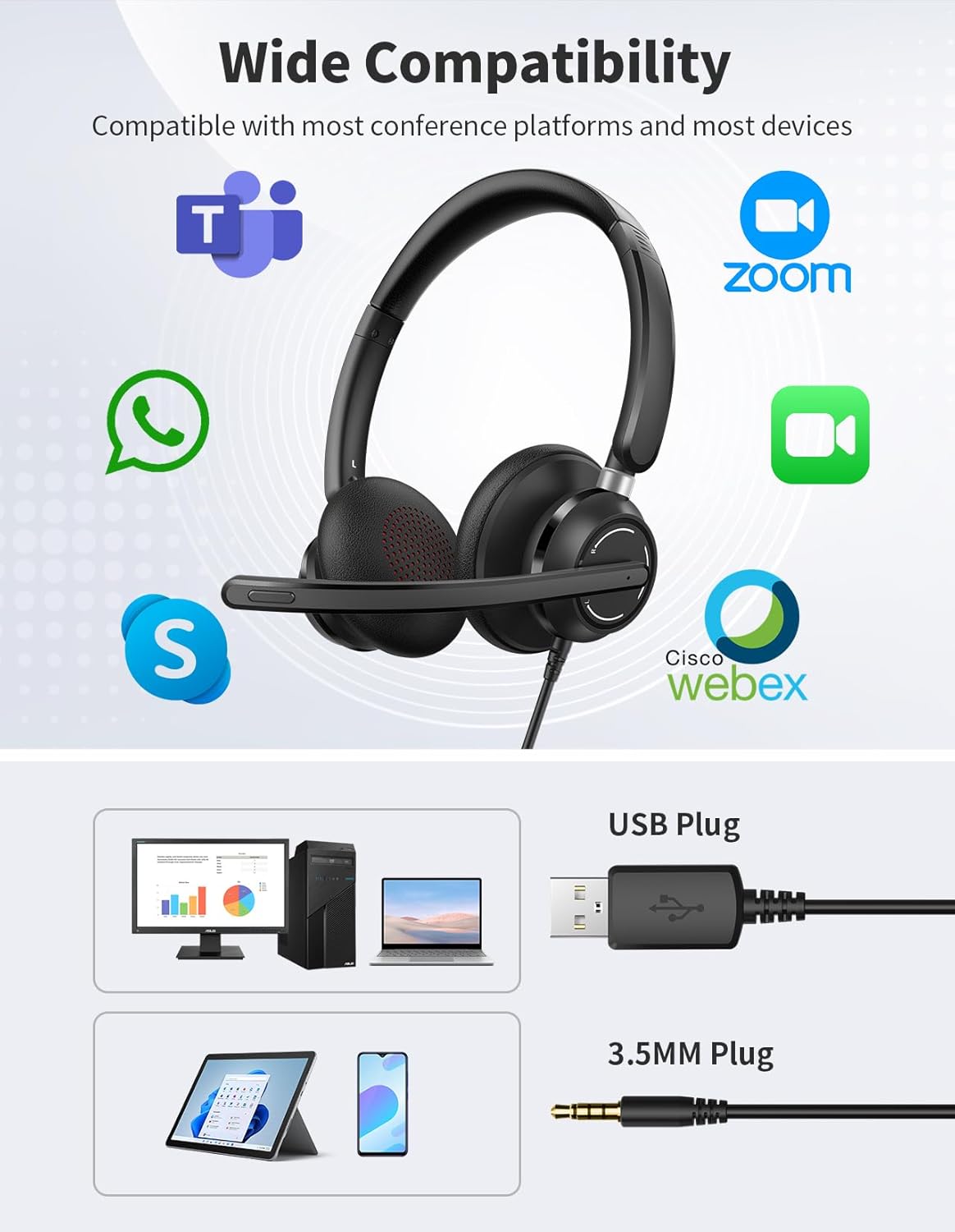 USB Headset with Microphone for PC, Wired Headphones with Noise Cancelling Mic, Computer Headset with in-line Controls, 3.5mm & USB Plug for Zoom, Skype, Call Center, Office Use, Black