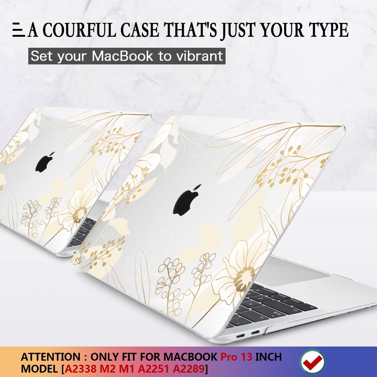 CISSOOK Compatible with M2 MacBook Pro 13 Inch Case 2025-2020 Release M1 M2 A2338 A2289 A2251, Plastic Hard Shell Case & Keyboard Cover for MacBook Pro 13 with Touch Bar, Golden Flowers