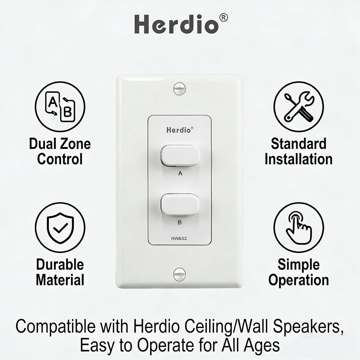 Herdio 2 120W in-Wall Speaker Selector Switch - Channel Home Audio Speakers Controller for Pair of Speakers - Support