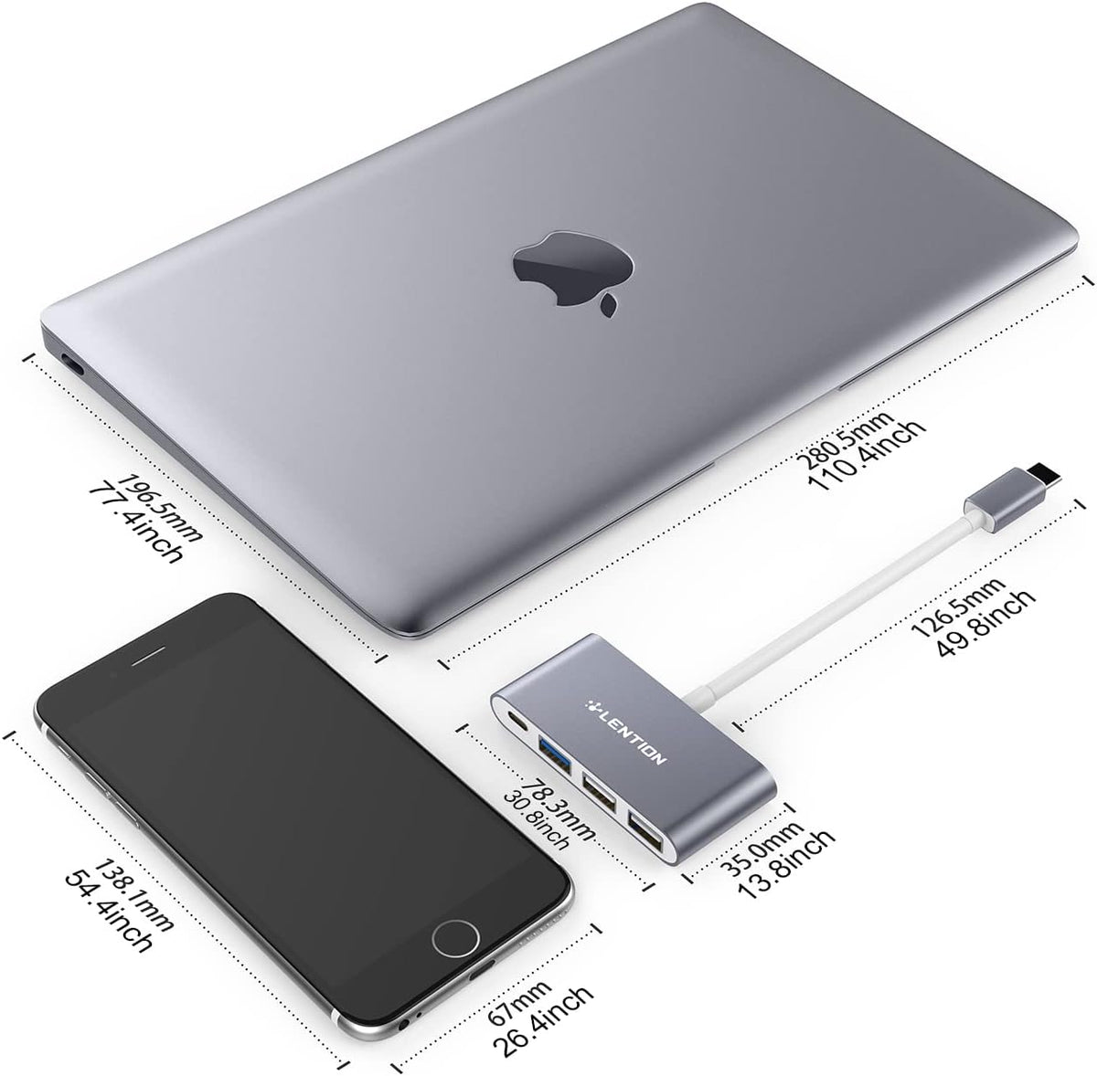 LENTION 4-in-1 USB-C Hub with Type C, USB 3.0, USB 2.0 for 2024-2016 MacBook Pro (M1-M4), iPhone 16-15 New Mac Air/Surface, ChromeBook, More, Multiport Charging & Connecting Adapter (C13, Space Gray)