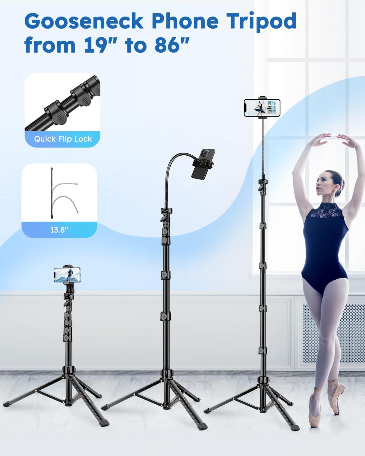 86" Tripod for iPhone, Stable & Tall Phone Tripod with Remote and Flexible Gooseneck for Video Recording/Watching/Cooking/Fitness/Vlogging