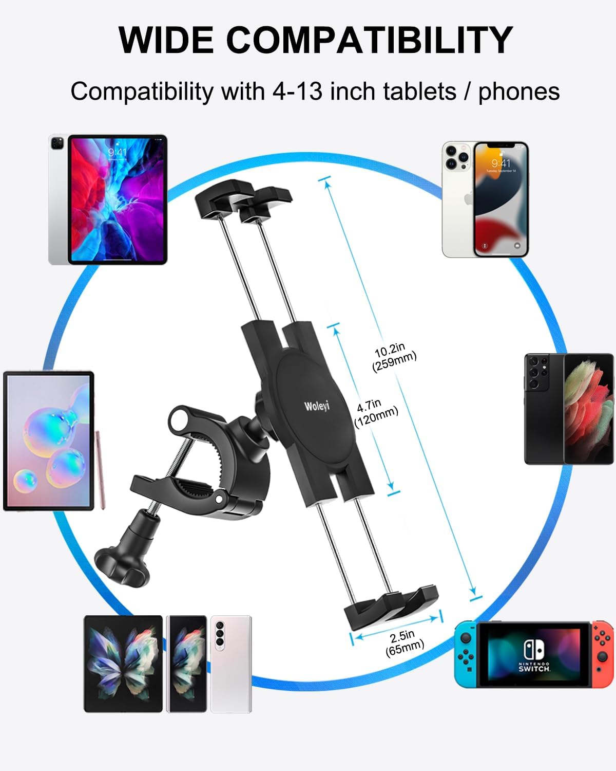 woleyi Spin Bike Tablet Holder - Treadmill Tablet Mount Handlebar Clamp for Indoor Bike Peloton, Stationary Exercise Bicycle Clip for 4.7-13" Tablets iPad Pro, Air, Mini, Galaxy Tab, Fire HD, iPhone