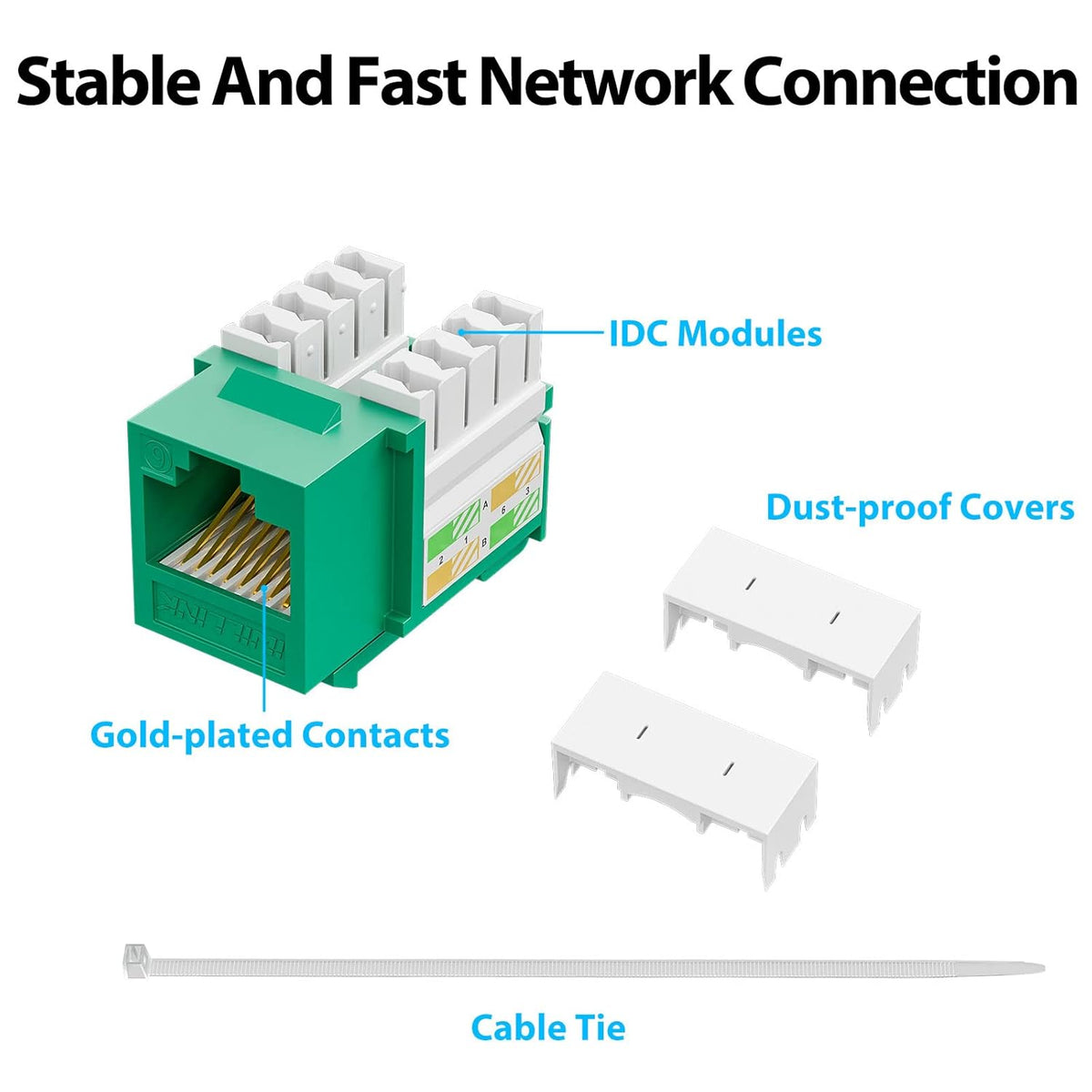 iwillink 10Gbps Cat6 Keystone Jack 10-Pack, RJ45 Keystone Jack, 90-Degree Ethernet Keystone Coupler, Punch Down Keystone Jack Adapter (Green)