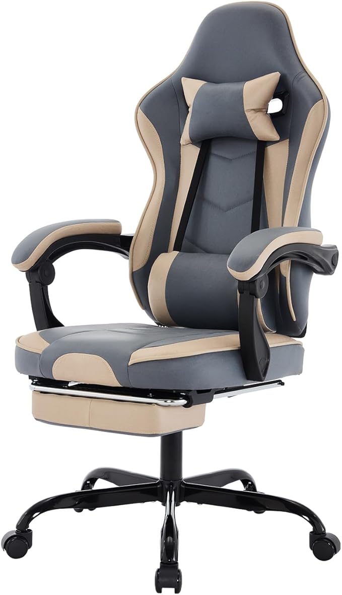 Beige Gaming Chair Ergonomic Computer Chair with Footrest ＆ Lumbar Support Height Adjustable Game Chairs with 360°-Swivel Seat and Headrest for Adults Office