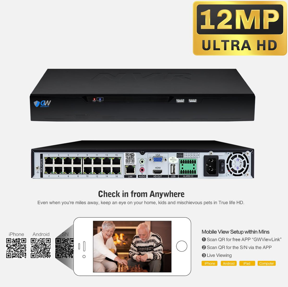 GW Security 16 Channel NVR UltraHD 12MP 4K @30FPS Face/Human/Vehicle Detection PoE Security Camera System with 12 x 6K 12MP Microphone Smart AI Bullet