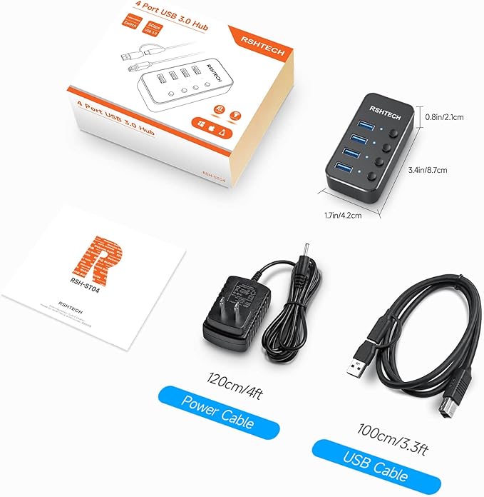 RSHTECH 4 Port Powered USB 3.0/USB C Hub Upgraded Version with 2-in-1 3.3ft USB Cable5V Power Adapter and Individual Switches Portable Aluminum USB Splitter for Laptop and PC RSH-ST04