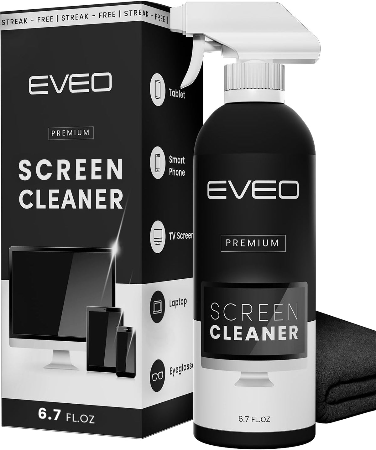EVEO® Screen Cleaner Spray Kit (Streak-Free) TV Screen Cleaner for Smart TV, LCD, LED, OLED | Computer Screen Cleaner Spray and Wipe Microfiber Cloth - TV, Monitor, Laptop, iPad, Car - 6.7oz 1 Pack