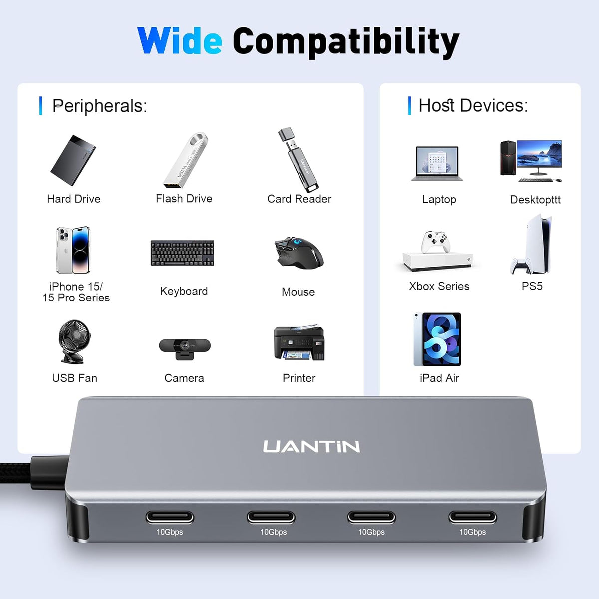 USB C Hub, 10Gbps High-Speed Type C Splitter with 4 USBC 3.2 Port, Plug and Play USB-C Multiport Adapter for Docking, MacBook Pro/Air, iPhone 15/16, iPad, Surface Pro, Dell, XPS and More